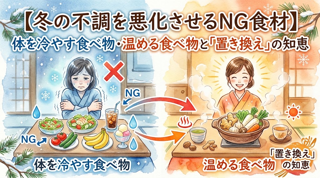 「【冬の不調を悪化させるNG食材】体を冷やす食べ物・温める食べ物と『置き換え』の知恵」をテーマにした水彩画風のサムネイル画像。左側の寒々しい青のパネルでは、震える女性がサラダ、キュウリ、トマト、バナナ、アイス、冷たい飲み物の乗ったテーブルの前に座り、「NG」と書かれた矢印と赤いバツ印があり、「体を冷やす食べ物」とある。右側の暖かなオレンジのパネルでは、幸せそうな女性が生姜、ニンニク、野菜の入った土鍋（ナベ）や温かいお茶の乗ったテーブルの前に座り、赤い蒸気と太陽のアイコンがあり、「温める食べ物」とある。大きな赤い矢印が、左の冷やす食材から右の温める食材（ナベ、お茶）への置き換えの流れを示し、右下には「『置き換え』の知恵」とある。雪の結晶と松の枝が画像を囲み、水彩画の質感が表現されている。