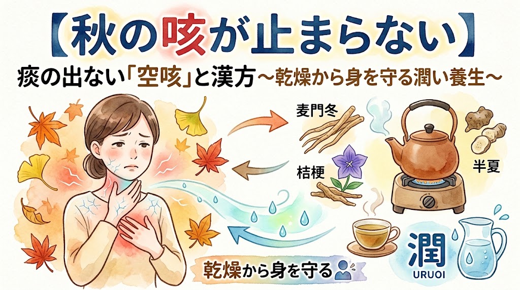 水彩画風のイラストで描かれた、秋の咳対策を説明するインフォグラフィック。上部に『【秋の咳が止まらない】 痰の出ない「空咳」と漢方〜乾燥から身を守る潤い養生〜』のタイトル。 左側には、喉と胸を抑えて苦しむ女性のイラストと、喉から乾燥した空気が出る様子が描かれている。女性から出る青い矢印は、右側の解決策へと繋がる。 右側には、煎じ薬のやかん、お茶、水差しのイラストと、その横に『麦門冬』『桔梗』『半夏』の文字とそれぞれの漢方薬材のイラストがある。 下部には『乾燥から身を守る』の文字と、水色の矢印で『潤』と書かれた水差しに繋がる。全体は秋の紅葉に囲まれている。