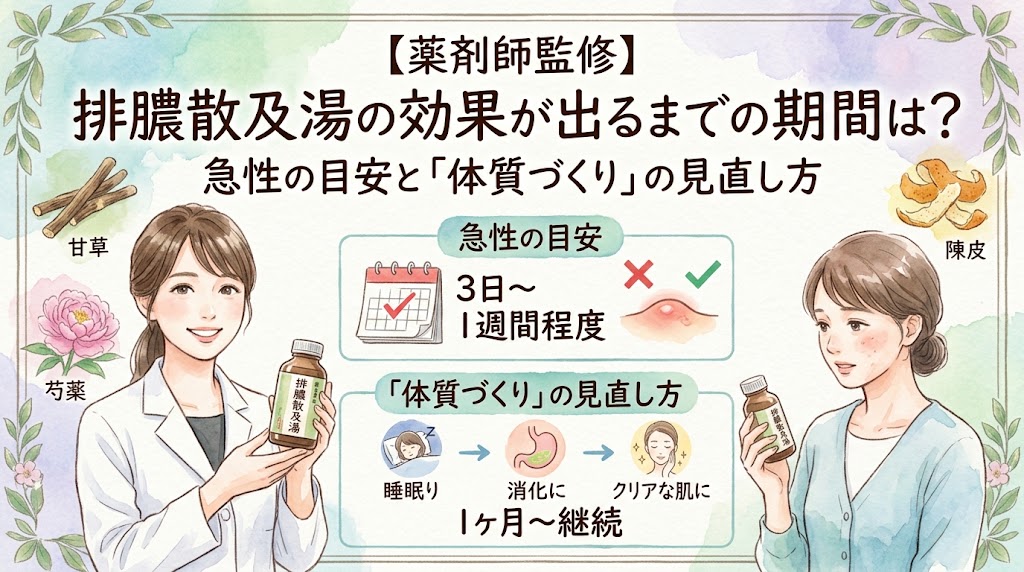 「【薬剤師監修】排膿散及湯の効果が出るまでの期間は？急性の目安と『体質づくり』の見直し方」というタイトルのサムネイル画像。薬剤師と肌荒れに悩む女性のイラストと共に、急性の目安（3日〜1週間程度）と、体質づくりの見直し方（1ヶ月〜継続）が図解されています。