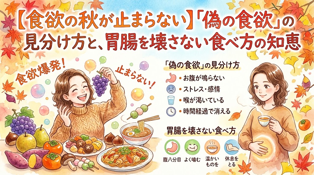 水彩画風のサムネイル画像。左側には秋の味覚を前に食欲が止まらない女性、右側には温かいお茶を飲み胃腸を労わる穏やかな女性が対比して描かれています。上部には「【食欲の秋が止まらない】『偽の食欲』の見分け方と、胃腸を壊さない食べ方の知恵」というタイトルがあり、中央には偽の食欲の見分け方や、胃腸に優しい食べ方のポイントがまとめられています。