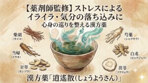 和紙のような質感のある背景に、漢方薬「逍遙散（しょうようさん）」を紹介する解説図。上部には「【薬剤師監修】ストレスによるイライラ・気分の落ち込みに 心身の巡りを整える漢方薬」とのテキスト。中央には緑色の漢方薬が入り、金色と青色の渦巻き模様の湯気が立つ碗が描かれている。碗を囲むように、左側に柴胡（サイコ）、当帰（トウキ）、甘草（カンゾウ）、右側に芍薬（シャクヤク）、白朮（ビャクジュツ）、茯苓（ブクリョウ）の6つの生薬のイラストと名前が配置されている。下部には「漢方薬「逍遙散（しょうようさん）」」と書かれている。