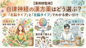 「【薬剤師監修】自律神経の漢方薬はどう選ぶ？『右脳タイプ』と『左脳タイプ』でわかる使い分け」というタイトルのサムネイル画像。水彩画風の優しいタッチで、感性豊かな右脳タイプの女性、論理的な左脳タイプの男性、そして中央に自律神経のバランスをサポートする薬剤師のイラストが描かれています。