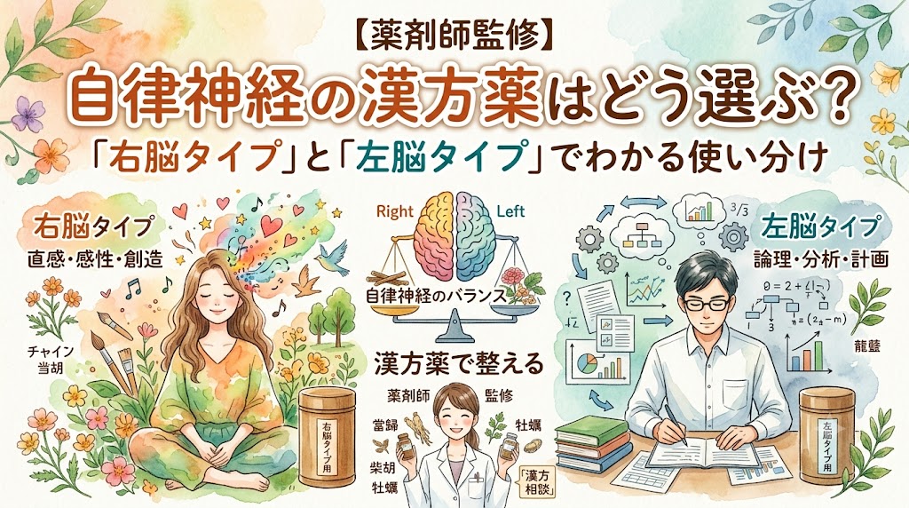 「【薬剤師監修】自律神経の漢方薬はどう選ぶ?『右脳タイプ』と『左脳タイプ』でわかる使い分け」というタイトルのサムネイル画像。水彩画風の優しいタッチで、感性豊かな右脳タイプの女性、論理的な左脳タイプの男性、そして中央に自律神経のバランスをサポートする薬剤師のイラストが描かれています。