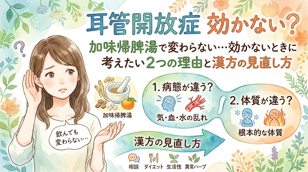 上部に大きく「耳管開放症 効かない？」 その下に「加味帰脾湯で変わらない…効かないときに考えたい2つの理由と漢方の見直し方」というテキストがあります。 左側には、耳に手を当てて困った表情の女性が立っており、上には大きな疑問符（？）があります。彼女の前には「飲んでも変わらない…」という吹き出しがあります。女性の右側には、漢方薬の原材料のイラストと「加味帰脾湯」の文字があります。 中央から右にかけて、2つの詳細セクションがあり、それぞれ「1. 病態が違う？ 気・血・水の乱れ」と血管や脳のイラスト、「2. 体質が違う？ 根本的な体質」と凍える人と炎上する人のイラストがあります。 下部には、上向きの矢印と「漢方の見直し方」のテキストがあり、その下に「相談」「ダイエット」「生活習慣」「生薬の選択」を意味するアイコンが並んでいます。