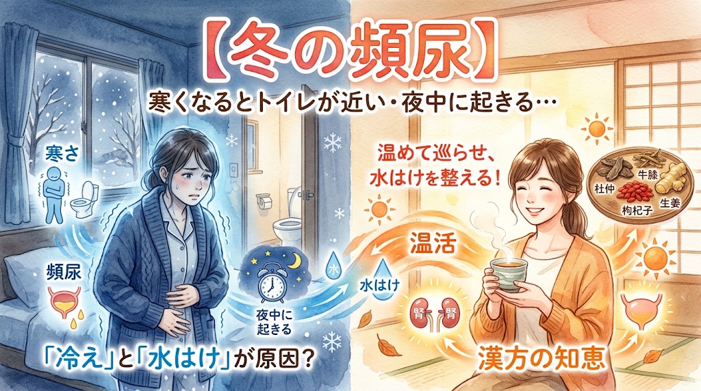 「【冬の頻尿】寒くなるとトイレが近い・夜中に起きる…」をテーマにした水彩画風のサムネイル画像。左側の寒々しい背景では、冷えによって頻尿に悩み、夜中に時計を見て辛そうにお腹を押さえる女性。右側の暖かな背景では、「温めて巡らせ、水はけを整える！」というテキストと共に、漢方茶を飲んでリラックスする女性と、元気になった「腎」のアイコン、杜仲、牛膝、枸杞子、生姜などの生薬が描かれています。