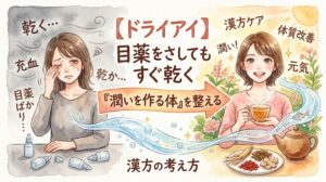 水彩画風のインフォグラフィック。中央に「【ドライアイ】目薬をさしてもすぐ乾く 『潤いを作る体』を整える 漢方の考え方」のタイトル。左側はグレーがかった背景で、空の目薬が複数転がる中、目をこすりながら「乾く…」「充血」と悩む女性のイラスト。そこから右に向かって清らかな水の流れ（矢印）が描かれ、右側では明るい日差しの中、笑顔で漢方茶を手にする女性と、高麗人参やクコの実などの生薬、「体質改善」「潤い！」のテキストが配置されている。表面的な保湿から、体の内側から潤いを作り出す漢方ケアへの変化を描いている。