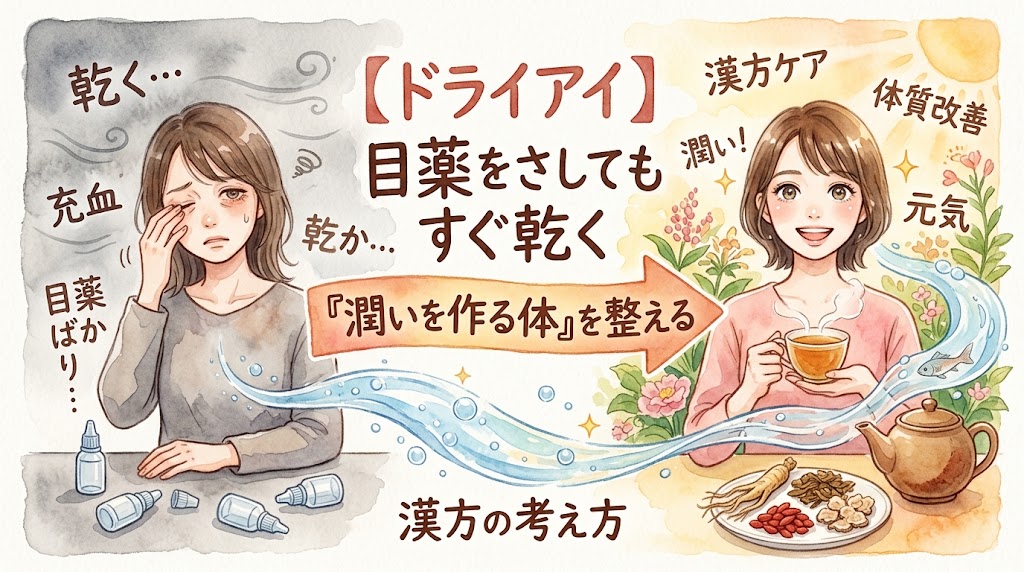 水彩画風のインフォグラフィック。中央に「【ドライアイ】目薬をさしてもすぐ乾く 『潤いを作る体』を整える 漢方の考え方」のタイトル。左側はグレーがかった背景で、空の目薬が複数転がる中、目をこすりながら「乾く…」「充血」と悩む女性のイラスト。そこから右に向かって清らかな水の流れ(矢印)が描かれ、右側では明るい日差しの中、笑顔で漢方茶を手にする女性と、高麗人参やクコの実などの生薬、「体質改善」「潤い!」のテキストが配置されている。表面的な保湿から、体の内側から潤いを作り出す漢方ケアへの変化を描いている。