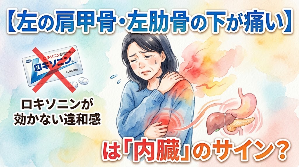 水彩画風の日本語サムネイル。上部のメインタイトルは「左の肩甲骨・左肋骨の下が痛い」と翻訳。青いセーターを着た日本人女性が苦悶の表情で左の腹部と肩周辺を押さえ、ストレスの汗をかいている。彼女の左隣には大きな赤い「×」印が付いた「ロキソニン」の薬パックがあり、その下の日本語テキストは「ロキソニンが効かない違和感」と翻訳。右側には内臓(肝臓、胃、膵臓)のイラストがあり、女性の胴体からこれらの内臓に向かって痛みの閃光と渦巻くエネルギー線が伸びている。下部の質問テキストは「は『内臓』のサイン?」と翻訳。