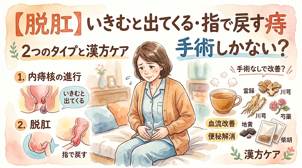 水彩画タッチのサムネイル画像。タイトルは「【脱肛】いきむと出てくる・指で戻す痔 手術しかない？ 2つのタイプと漢方ケア」。中央に下腹部を押さえて悩む表情の女性。左側に「内痔核の進行（いきむと出てくる）」と「脱肛（指で戻す）」の2つの痔のタイプを図解。右側には「手術なしで改善？」という文字とともに、温かい漢方茶や生薬（當歸、芍薬、川芎など）、血流改善・便秘解消といった漢方ケアのポイントが描かれている。