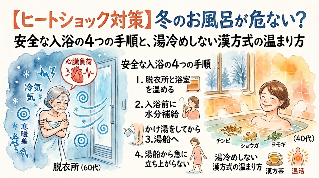 「【ヒートショック対策】冬のお風呂が危ない？安全な入浴の4つの手順と、湯冷めしない漢方式の温まり方」をテーマにした水彩画風のサムネイル画像。左側には寒暖差のある脱衣所で震える高齢女性と、心臓への負荷を示すアイコン。中央には「安全な入浴の4つの手順」として、脱衣所を温める、水分補給、かけ湯、急に立ち上がらない様子がイラストで図解されています。右側には、チンピ、ショウガ、ヨモギなどの漢方を取り入れたお風呂で、笑顔で温まる女性が描かれています。
