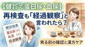 水彩画タッチのサムネイル画像。左側には「健診結果 蛋白尿(+) 血尿(+) 経過観察」と書かれた結果用紙の横で、頬杖をついて不安そうに悩む女性が描かれています。右側には、白衣を着た女性薬剤師が笑顔で手を差し伸べており、手前には温かいお茶や生薬、漢方薬のパッケージが置かれています。画像内のテキストには「【健診で蛋白尿・血尿】」「再検査も『経過観察』と言われたら?」「焦る前の確認と漢方ケア」と書かれています。