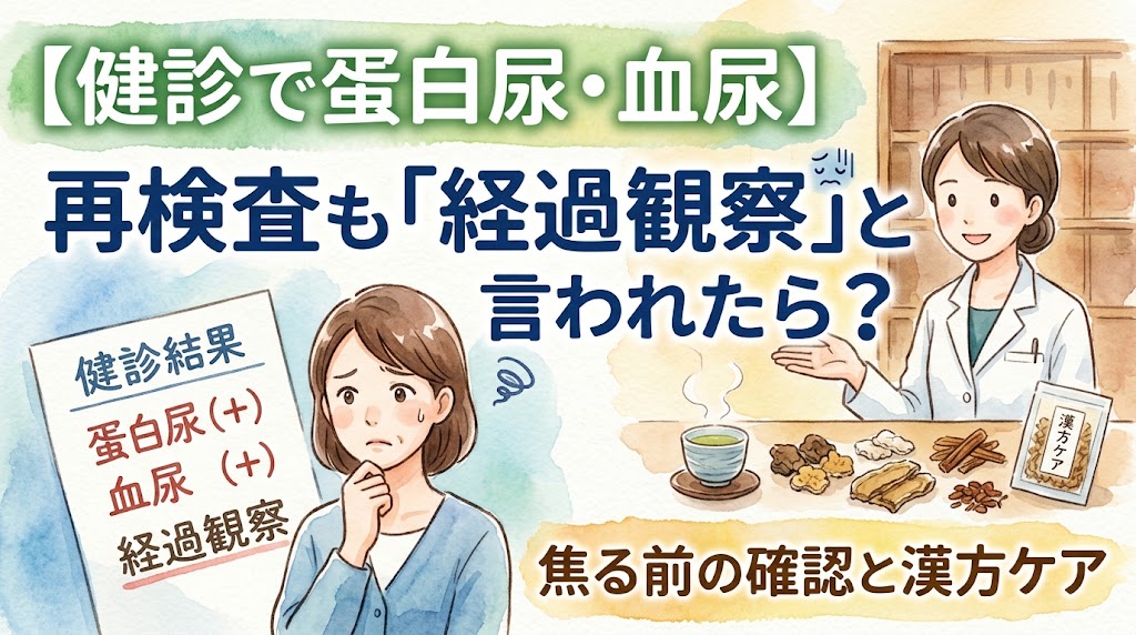 水彩画タッチのサムネイル画像。左側には「健診結果 蛋白尿(+) 血尿(+) 経過観察」と書かれた結果用紙の横で、頬杖をついて不安そうに悩む女性が描かれています。右側には、白衣を着た女性薬剤師が笑顔で手を差し伸べており、手前には温かいお茶や生薬、漢方薬のパッケージが置かれています。画像内のテキストには「【健診で蛋白尿・血尿】」「再検査も『経過観察』と言われたら?」「焦る前の確認と漢方ケア」と書かれています。