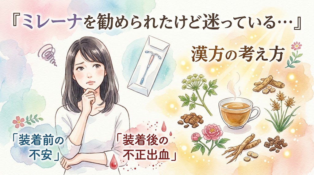 「ミレーナを勧められたけど迷っている…」装着前の不安・装着後の不正出血と漢方の考え方。水彩画風のイラストで、不安そうな表情で悩む女性とミレーナ(IUS)、不正出血のイメージの横に、穏やかな光の中で漢方茶や生薬が描かれています。