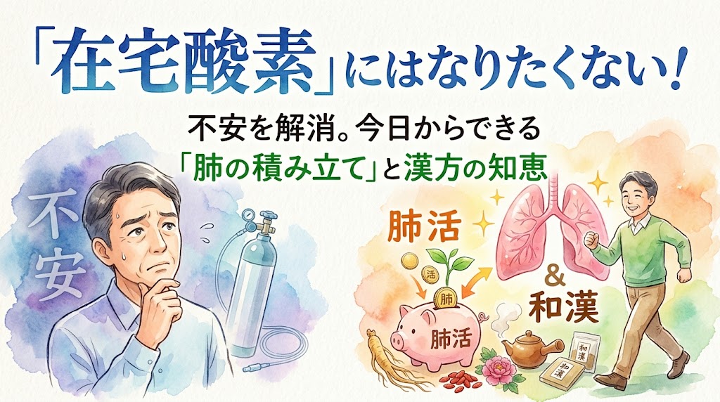 水彩画風のイラストで描かれた、在宅酸素療法への不安と肺の健康維持（肺活）をテーマにした画像。 上部には大きな青文字で「在宅酸素」にはなりたくない！とあり、その下に不安を解消。今日からできる「肺の積み立て」と漢方の知恵と書かれている。 左側には、困惑・不安げな表情で顎に手を当てた年配男性が描かれ、背景には「不安」の文字と酸素濃縮器、ボンベのイラストがある。 右側には、健康な肺のイラストと、元気に歩く笑顔の男性、そして「肺活」の文字とキラキラが描かれている。「肺活」コインが貯まるブタの貯金箱（植物付き、背中に「肺」）と、高麗人参、ショウガ、クコの実、土瓶などの和漢（漢方）のイラストもある。 不安な状態から健康な状態への変化が、左右の対比で表現されている。