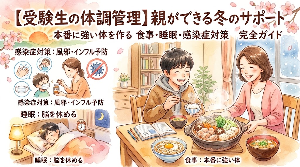 「【受験生の体調管理】親ができる冬のサポート」をテーマにした水彩画風のサムネイル画像。右側には、勉強中の男子学生に母親が栄養たっぷりの温かい鍋料理を笑顔で運んでいる様子。左側には「感染症対策：風邪・インフル予防」として手洗いやマスク、うがいのイラスト、「睡眠：脳を休める」として温かい布団でぐっすり眠る子どものイラストが配置されています。全体的に温かみのあるトーンで、本番に強い体を作るための要素がまとめられています。