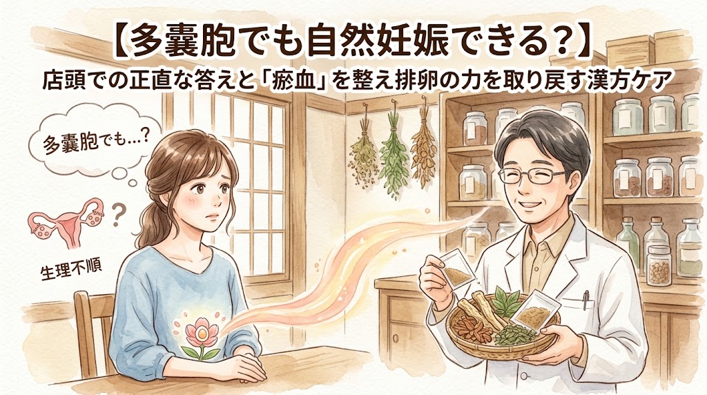 「【多嚢胞でも自然妊娠できる?】店頭での正直な答えと『瘀血』を整え排卵の力を取り戻す漢方ケア」というタイトルが書かれた水彩画風のサムネイル画像。生理不順に悩む女性が、漢方の生薬を手にする専門家(薬剤師)に相談している様子が描かれています。