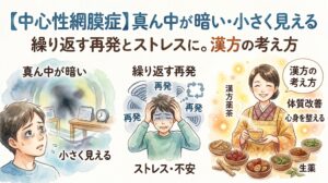 水彩画風のインフォグラフィック。上部に「【中心性網膜症】真ん中が暗い・小さく見える 繰り返す再発とストレスに。漢方の考え方」のテキスト。左側は、視界の中心が黒くぼやけて見える症状のイメージ図と、「繰り返す再発」「ストレス・不安」の文字と共に頭を抱えて悩む男性のイラスト。右側は「漢方の考え方」「体質改善」「心身を整える」のテキストと共に、穏やかな笑顔で漢方薬茶を手にする着物姿の女性と、器に盛られた様々な生薬が描かれている。