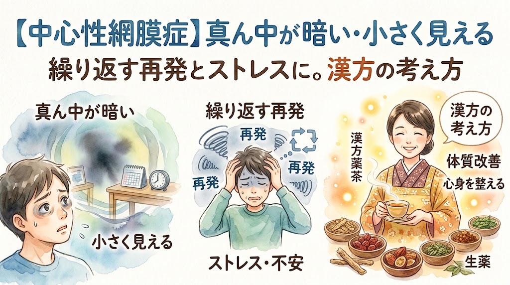 水彩画風のインフォグラフィック。上部に「【中心性網膜症】真ん中が暗い・小さく見える 繰り返す再発とストレスに。漢方の考え方」のテキスト。左側は、視界の中心が黒くぼやけて見える症状のイメージ図と、「繰り返す再発」「ストレス・不安」の文字と共に頭を抱えて悩む男性のイラスト。右側は「漢方の考え方」「体質改善」「心身を整える」のテキストと共に、穏やかな笑顔で漢方薬茶を手にする着物姿の女性と、器に盛られた様々な生薬が描かれている。