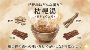 水彩画風のタッチで描かれた「桔梗湯」の解説用サムネイル画像。古い紙のような背景の中央に、湯気が立つ漢方薬が入った器が描かれている。上部には「【薬剤師監修】桔梗湯はどんな漢方?」、下部には「喉の痛みへの使い方と『うがいしながら飲む』のコツ」というテキストが配置され、周囲には桔梗や甘草などの生薬のイラストが添えられている。