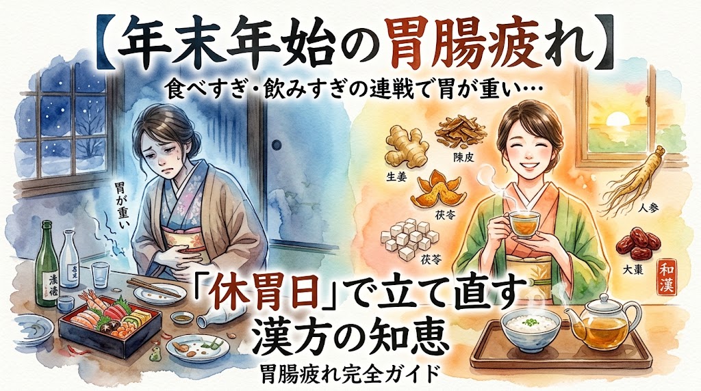 「【年末年始の胃腸疲れ】食べすぎ・飲みすぎの連戦で胃が重い…」をテーマにした水彩画風のサムネイル画像。左側の青暗い背景では、ごちそうや酒瓶が並ぶテーブルの前に座る着物姿の女性が、胃を押さえて辛そうな表情をしています。右側の明るい背景では、同じ女性がスッキリとした笑顔で温かいお茶を飲んでおり、その周りには生姜、陳皮、茯苓、人参、大棗といった生薬や、胃に優しいお粥が描かれています。中央には大きく「『休胃日』で立て直す漢方の知恵」と書かれています。
