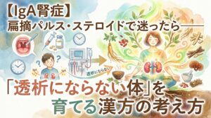 【IgA腎症】扁摘パルス・ステロイドで迷ったら——「透析にならない体」を育てる漢方の考え方。扁桃腺の摘出や透析で悩む様子から、自然の中で瞑想し、腎臓が光り輝いている女性と様々な生薬が描かれた水彩画風のサムネイル。
