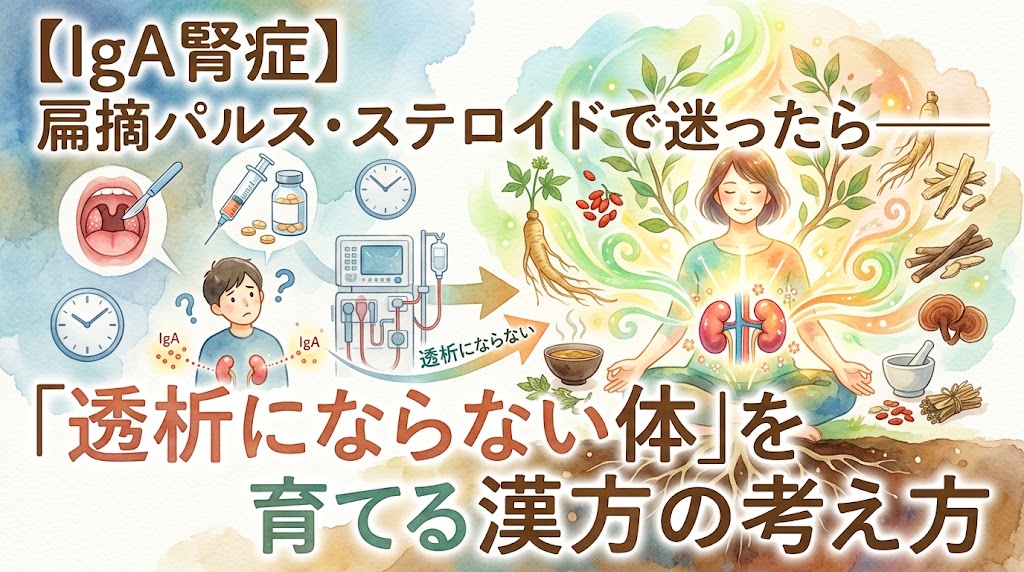 【IgA腎症】扁摘パルス・ステロイドで迷ったら——「透析にならない体」を育てる漢方の考え方。扁桃腺の摘出や透析で悩む様子から、自然の中で瞑想し、腎臓が光り輝いている女性と様々な生薬が描かれた水彩画風のサムネイル。