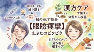 水彩画風のインフォグラフィック。中央に「繰り返す悩み【眼瞼痙攣】まぶたのピクピク」というメインテキスト。左側は暗めの背景で、ボトックス注射のアイコンと共に「一時治まっても…繰り返す」と、まぶたの痙攣に苦痛の表情を浮かべる女性のイラスト。右側は明るい背景で、「漢方ケアで整える」「体質から改善」というテキストと共に、芍薬や甘草などの生薬、「気・血・水」のアイコン、穏やかな笑顔で過ごす女性と漢方茶が描かれている。繰り返す症状の悩みから、漢方による根本ケアへの移行を左右の対比で表現している。