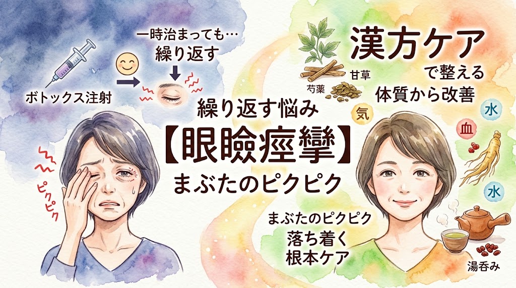 水彩画風のインフォグラフィック。中央に「繰り返す悩み【眼瞼痙攣】まぶたのピクピク」というメインテキスト。左側は暗めの背景で、ボトックス注射のアイコンと共に「一時治まっても…繰り返す」と、まぶたの痙攣に苦痛の表情を浮かべる女性のイラスト。右側は明るい背景で、「漢方ケアで整える」「体質から改善」というテキストと共に、芍薬や甘草などの生薬、「気・血・水」のアイコン、穏やかな笑顔で過ごす女性と漢方茶が描かれている。繰り返す症状の悩みから、漢方による根本ケアへの移行を左右の対比で表現している。
