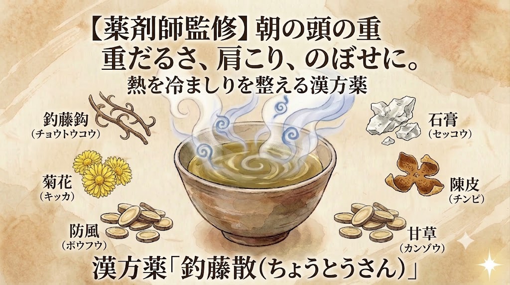 【薬剤師監修】和紙風の背景に、漢方薬「釣藤散(ちょうとうさん)」を解説する画像。上部には「朝の頭の重重だるさ、肩こり、のぼせに。熱を冷ましを整える漢方薬」とのテキスト。中央には湯気の立つお椀に入った漢方薬。周囲には、釣藤鈎、菊花、防風、石膏、陳皮、甘草の6つの生薬のイラストと名前が配置されている。