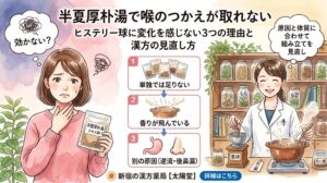 新宿の漢方薬局【太陽堂】による、ヒステリー球（喉のつかえ）と漢方薬「半夏厚朴湯」に関するブログ記事のサムネイル。水彩画風のイラスト。左側に喉の不快感に悩む心配そうな女性が「半夏厚朴湯エキス剤」を持ち、頭上に「効かない？」の吹き出し。中央にタイトルと3つの理由を説明するフロー（1.単独では足りない、2.香りが飛んでいる（煎じる土鍋）、3.別の原因（逆流・後鼻漏、胃と鼻の図解））。右側に笑顔の薬剤師が生薬を棚から出し、薬研ですり潰し、煎じる様子が描かれ、頭上に「原因と体質に合わせて組み立てを見直し」の吹き出し。下部に薬局名と「詳細はこちら」ボタン。