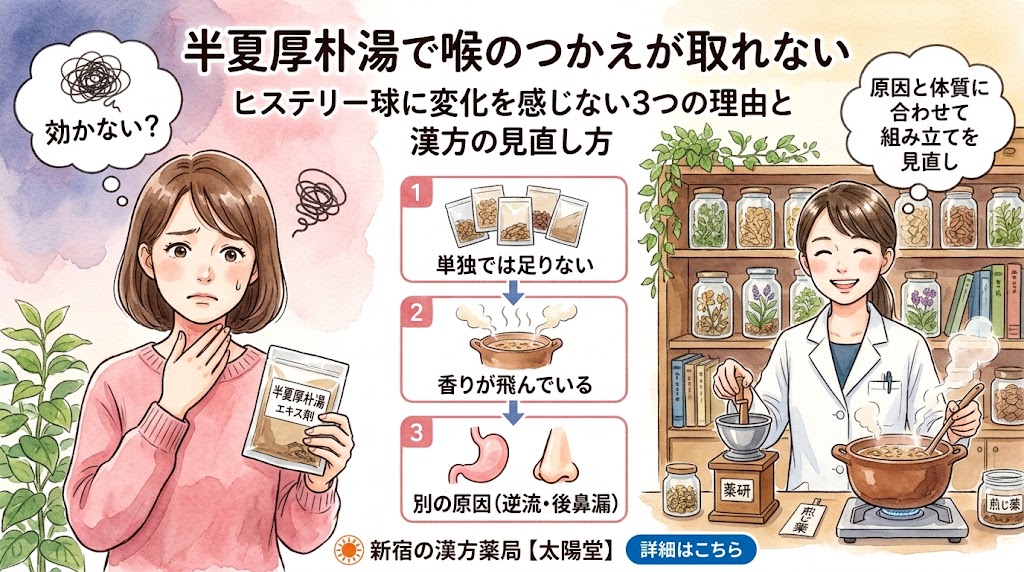 新宿の漢方薬局【太陽堂】による、ヒステリー球（喉のつかえ）と漢方薬「半夏厚朴湯」に関するブログ記事のサムネイル。水彩画風のイラスト。左側に喉の不快感に悩む心配そうな女性が「半夏厚朴湯エキス剤」を持ち、頭上に「効かない？」の吹き出し。中央にタイトルと3つの理由を説明するフロー（1.単独では足りない、2.香りが飛んでいる（煎じる土鍋）、3.別の原因（逆流・後鼻漏、胃と鼻の図解））。右側に笑顔の薬剤師が生薬を棚から出し、薬研ですり潰し、煎じる様子が描かれ、頭上に「原因と体質に合わせて組み立てを見直し」の吹き出し。下部に薬局名と「詳細はこちら」ボタン。