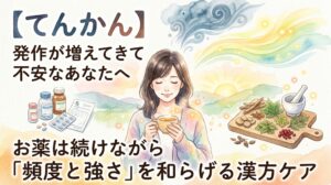 【てんかん】発作が増えてきて不安なあなたへ——お薬は続けながら「頻度と強さ」を和らげる漢方ケア。西洋薬と処方箋のイラストの横で、温かい光に包まれながら穏やかな表情で漢方茶を飲む女性と、すり鉢や生薬が描かれた水彩画風のサムネイル。