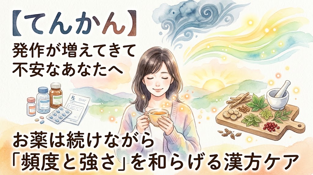 【てんかん】発作が増えてきて不安なあなたへ——お薬は続けながら「頻度と強さ」を和らげる漢方ケア。西洋薬と処方箋のイラストの横で、温かい光に包まれながら穏やかな表情で漢方茶を飲む女性と、すり鉢や生薬が描かれた水彩画風のサムネイル。