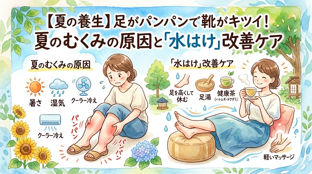 水彩画風のインフォグラフィック（サムネイル画像）。上部中央に「【夏の養生】足がパンパンで靴がキツイ！夏のむくみの原因と「水はけ」改善ケア」のタイトル。左側は「夏のむくみの原因」として、暑さ、湿気、クーラー冷えのアイコンと、むくんだ足をさする女性のイラスト。右側は「「水はけ」改善ケア」として、足を高くして休む、足湯、健康茶、軽いマッサージの方法と、お茶を飲みリラックスする女性のイラスト。周囲にはヒマワリ、アジサイ、緑の木々が描かれている。