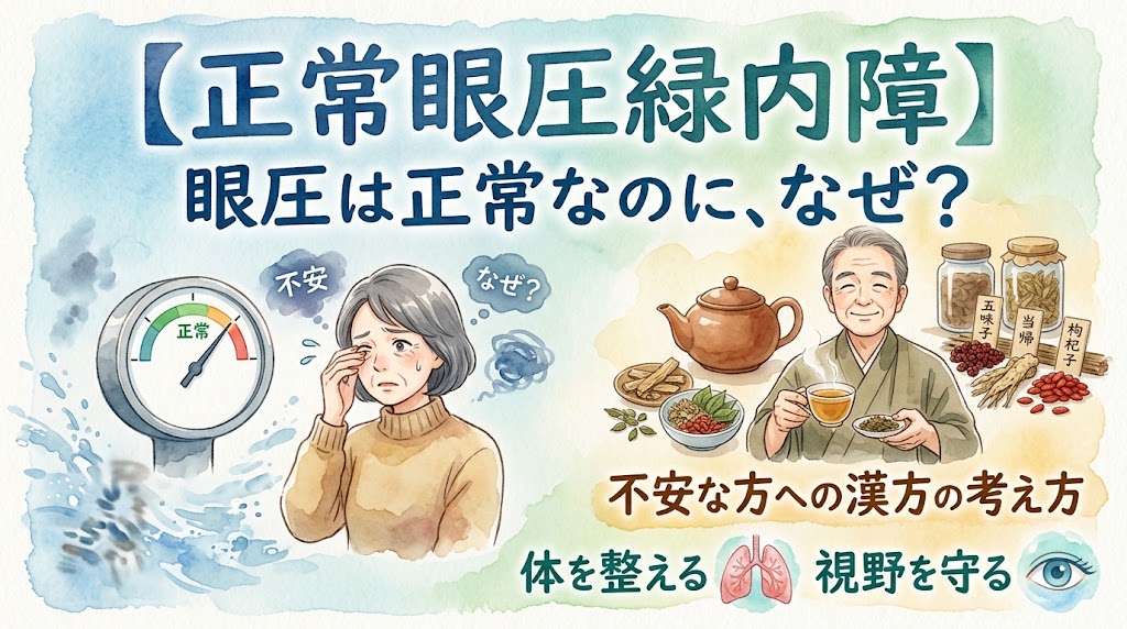 水彩画風のインフォグラフィック。上部に「【正常眼圧緑内障】眼圧は正常なのに、なぜ?」というタイトル。左側には「正常」の緑色エリアを指す眼圧計と、目を押さえて「不安」「なぜ?」と思い悩む女性が描かれている。右側には、五味子や枸杞子などの生薬が入った瓶を背景に、穏やかな笑顔で漢方茶を手にする年配男性のイラスト。「不安な方への漢方の考え方」「体を整える」「視野を守る」というテキストと、肺や目のアイコンが添えられ、不安な状態から漢方ケアで体を整えるアプローチを左右の対比で表現している。
