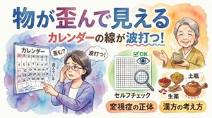 水彩画風のインフォグラフィック。上部に「物が歪んで見える カレンダーの線が波打つ！」のテキスト。左側は、線がぐにゃぐにゃと波打って見えるカレンダーを見つめ、「歪む？」「波打つ！」と困惑する女性のイラスト。右側は、正常に見えるかを確認する「セルフチェック」用の格子状の図（アムスラーチャート）と、「変視症の正体」「漢方の考え方」のテキストと共に、笑顔で湯呑みを持つ年配女性や、火にかけられた土瓶、生薬が描かれている。視覚の異常への戸惑いと、セルフチェックや漢方による対策を提示するデザイン。