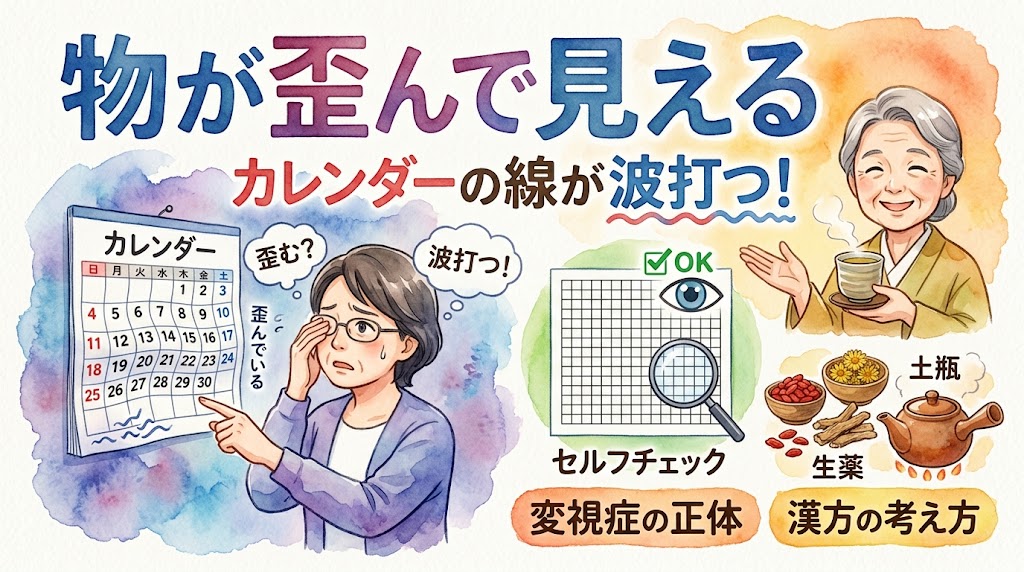 水彩画風のインフォグラフィック。上部に「物が歪んで見える カレンダーの線が波打つ!」のテキスト。左側は、線がぐにゃぐにゃと波打って見えるカレンダーを見つめ、「歪む?」「波打つ!」と困惑する女性のイラスト。右側は、正常に見えるかを確認する「セルフチェック」用の格子状の図(アムスラーチャート)と、「変視症の正体」「漢方の考え方」のテキストと共に、笑顔で湯呑みを持つ年配女性や、火にかけられた土瓶、生薬が描かれている。視覚の異常への戸惑いと、セルフチェックや漢方による対策を提示するデザイン。