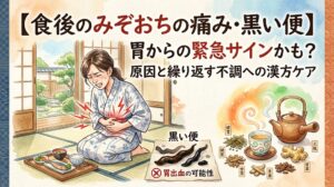 水彩画タッチのサムネイル画像。タイトルは「【食後のみぞおちの痛み・黒い便】胃からの緊急サインかも？原因と繰り返す不調への漢方ケア」。左側に和室で食後にみぞおちを押さえて痛みに苦しむ女性。右下には「黒い便」のイラストとともに「胃出血の可能性」という警告が描かれ、その横には不調をケアするための温かい漢方茶や急須、生薬（甘草、生姜など）が配置されている。