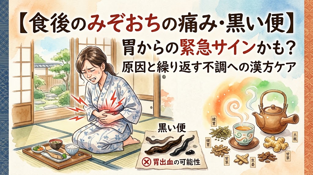 水彩画タッチのサムネイル画像。タイトルは「【食後のみぞおちの痛み・黒い便】胃からの緊急サインかも?原因と繰り返す不調への漢方ケア」。左側に和室で食後にみぞおちを押さえて痛みに苦しむ女性。右下には「黒い便」のイラストとともに「胃出血の可能性」という警告が描かれ、その横には不調をケアするための温かい漢方茶や急須、生薬(甘草、生姜など)が配置されている。