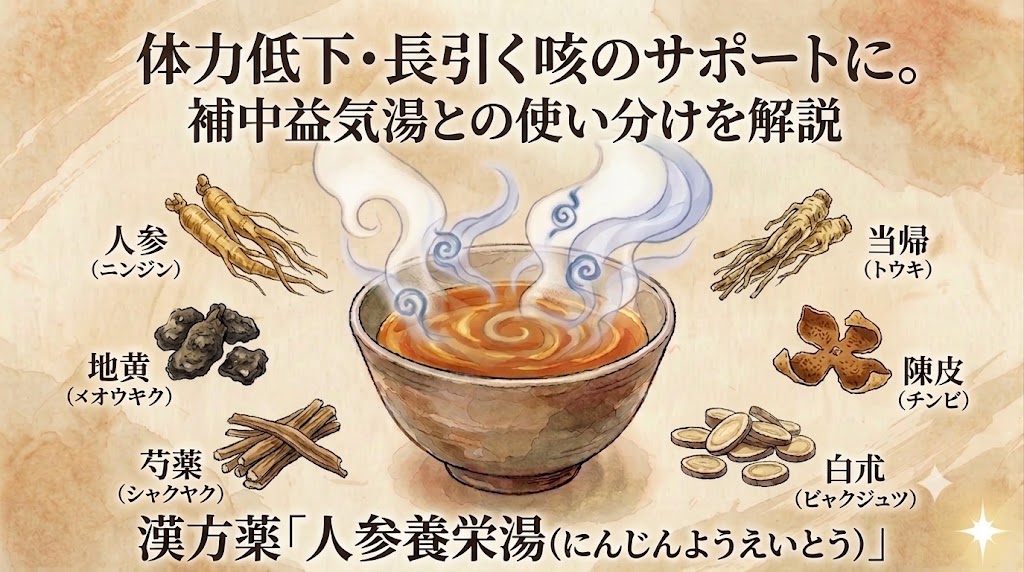 和紙のような質感のある背景に、漢方薬「人参養栄湯(にんじんようえいとう)」を紹介するイラスト解説図。上部には「体力低下・長引く咳のサポートに。補中益気湯との使い分けを解説」とのテキスト。中央には青白く渦巻く湯気が立つお椀が描かれている。お椀を囲むように、左側に人参(ニンジン)、地黄(ジオウ)、芍薬(シャクヤク)、右側に当帰(トウキ)、陳皮(チンピ)、白朮(ビャクジュツ)の6つの生薬のイラストと名前が配置されている。下部には「漢方薬『人参養栄湯(にんじんようえいとう)』」と書かれて