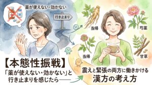 【本態性振戦】「薬が使えない・効かない」と行き止まりを感じたら——震えと緊張の両方に働きかける漢方の考え方。手の震えに悩み「行き止まり」を感じている女性から、当帰や芍薬などの生薬の力で漢方茶を飲みながら笑顔を取り戻す女性を描いた水彩画風イラスト。