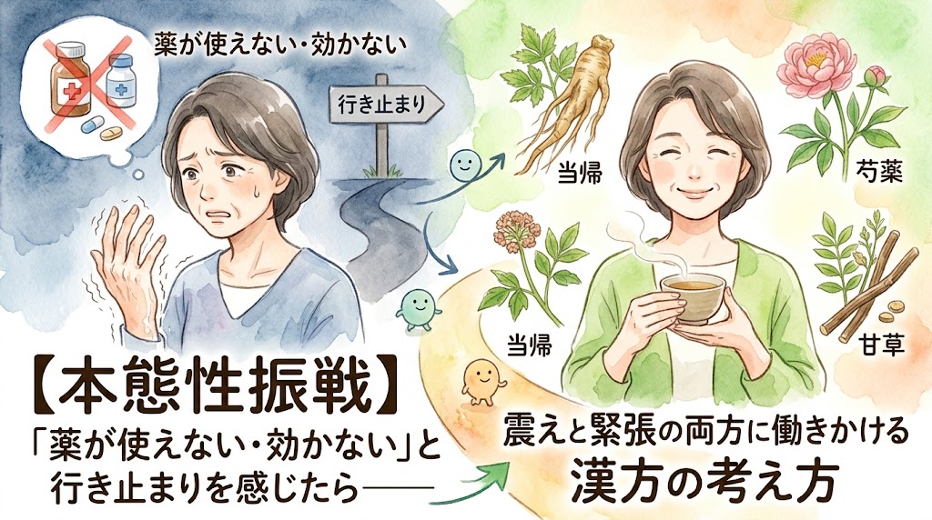 【本態性振戦】「薬が使えない・効かない」と行き止まりを感じたら——震えと緊張の両方に働きかける漢方の考え方。手の震えに悩み「行き止まり」を感じている女性から、当帰や芍薬などの生薬の力で漢方茶を飲みながら笑顔を取り戻す女性を描いた水彩画風イラスト。