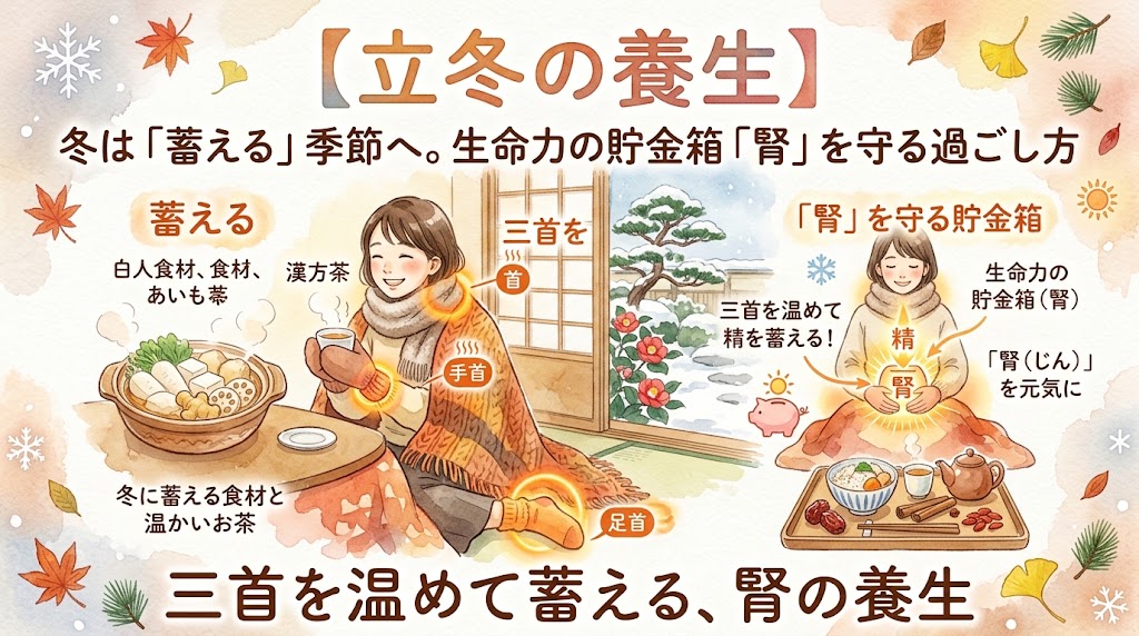 「【小雪の養生】肩・首ガチガチに…固まった体を『温めて巡らせる』漢方の知恵」をテーマにした水彩画風のサムネイル画像。左側の寒々しい青とグレーのパネルでは、雪が降り、霜が降りた枯れ木の元で、分厚い冬コートを着てマフラーを巻いた日本人女性が、固まった肩と首を抑えて辛そうな表情をしている。青いエネルギーと氷の結晶が彼女を囲み、「急な冷え込み」「肩・首ガチガチ」「冷え込み」のラベルがある。右側の暖かなオレンジとピンクのパネルでは、同じ女性が幸せそうに微笑み、リラックスしている。オレンジのニット毛布を羽織り、湯気の立つ温かい漢方茶を飲んでいる。暖かで輝く黄金のエネルギーと穏やかな巡りの流れが、特に首や肩から立ち上がっている。「当帰」「桂皮」「生姜」「川芎」といった温める生薬がデリケートに描かれ、ラベルが添えられている。ラベルには「温めて巡らせる」「漢方の知恵」「巡り」「元気に」とある。大きな暖色の見出しが上部に「【小雪の養生】肩・首ガチガチに…」とあり、その下に小さく「急な冷え込みで固まった体を『温めて巡らせる』漢方の知恵」とある。