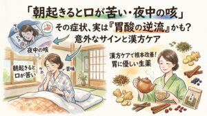 水彩画タッチのサムネイル画像。タイトルは「「朝起きると口が苦い・夜中の咳」その症状、実は『胃酸の逆流』かも？意外なサインと漢方ケア」。左側に夜中の咳き込みや起床時の口の苦味に悩む女性の様子。右側に胃に優しい生薬とともに漢方茶を淹れてリラックスする女性が描かれている。