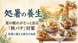左側には「処暑の養生」「夏の疲れがどっと出る『秋バテ』対策」「乾燥に備える漢方の知恵」という文字が配置されています。右側には、温かみのある水彩画のイラストが描かれています。木目のテーブルの上に、半分に切った梨、はちみつの入った瓶、クコの実や白い生薬などが盛られたお皿、茶色い急須、赤い実が浮かぶ温かいお茶の入った湯呑みが並んでいます。周囲には柿やススキ、もみじの葉があしらわれ、窓の奥には夕日に染まる山々と紅葉した庭の風景が広がっており、秋の深まりを感じさせる構成になっています。
