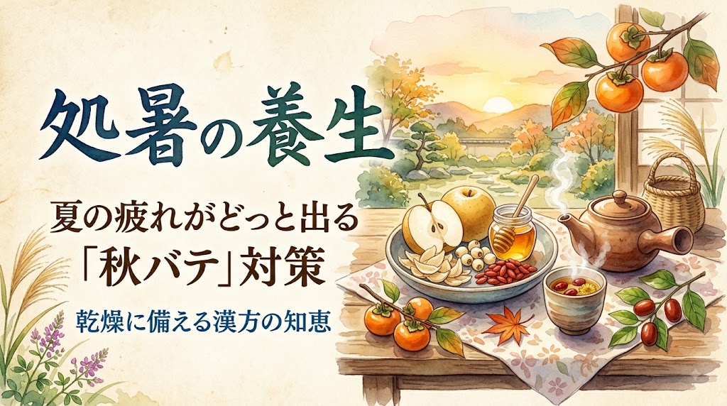 左側には「処暑の養生」「夏の疲れがどっと出る『秋バテ』対策」「乾燥に備える漢方の知恵」という文字が配置されています。右側には、温かみのある水彩画のイラストが描かれています。木目のテーブルの上に、半分に切った梨、はちみつの入った瓶、クコの実や白い生薬などが盛られたお皿、茶色い急須、赤い実が浮かぶ温かいお茶の入った湯呑みが並んでいます。周囲には柿やススキ、もみじの葉があしらわれ、窓の奥には夕日に染まる山々と紅葉した庭の風景が広がっており、秋の深まりを感じさせる構成になっています。