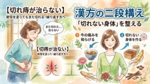 「【切れ痔が治らない】軟膏を塗ってもまた切れる・繰り返す方へ——『切れない身体』を整える漢方の二段構え」というタイトルが書かれた水彩画風のサムネイル画像。左側には痔の痛みや再発に悩む女性と患部のイメージ図、右側には笑顔の女性とともに「1.今の痛みを和らげる」「2.切れない身体を作る」という漢方の2つのステップが、生薬や漢方薬のイラストを交えて図解されています。