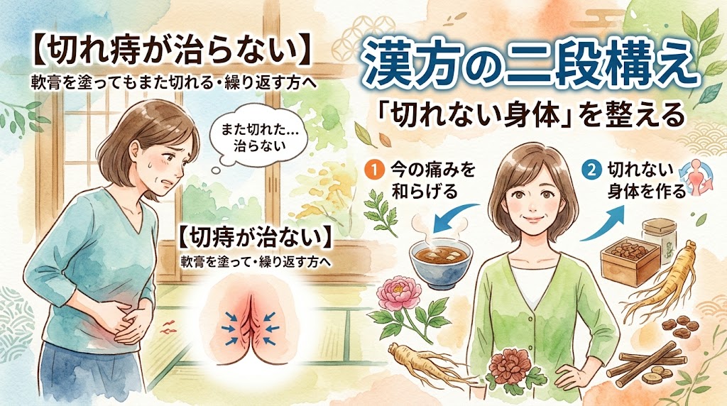 「【切れ痔が治らない】軟膏を塗ってもまた切れる・繰り返す方へ——『切れない身体』を整える漢方の二段構え」というタイトルが書かれた水彩画風のサムネイル画像。左側には痔の痛みや再発に悩む女性と患部のイメージ図、右側には笑顔の女性とともに「1.今の痛みを和らげる」「2.切れない身体を作る」という漢方の2つのステップが、生薬や漢方薬のイラストを交えて図解されています。