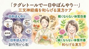 水彩画風の情報グラフィック。上部タイトルは「テグレトールで一日中ぼんやり... 三叉神経痛を和らげる漢方ケア」。 左セクション：目の下にクマのある疲れた女性が、頬杖をつき、「一日中ぼんやり... 副作用が心配」というテキストの横でうなだれている。テグレトールの薬瓶、眠気、ぼんやりした思考のイラスト。 中央セクション：着物を着た女性が穏やかにKampo茶を味わっている。周囲には芍薬、蒼朮、当帰の生薬イラストと名称。 右セクション：笑顔でリフレッシュした女性が、鮮やかで元気な植物に囲まれている。テキスト「眠くならない体質改善 和らげる漢方」。