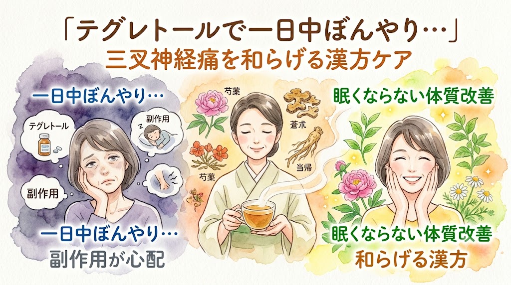 水彩画風の情報グラフィック。上部タイトルは「テグレトールで一日中ぼんやり... 三叉神経痛を和らげる漢方ケア」。 左セクション:目の下にクマのある疲れた女性が、頬杖をつき、「一日中ぼんやり... 副作用が心配」というテキストの横でうなだれている。テグレトールの薬瓶、眠気、ぼんやりした思考のイラスト。 中央セクション:着物を着た女性が穏やかにKampo茶を味わっている。周囲には芍薬、蒼朮、当帰の生薬イラストと名称。 右セクション:笑顔でリフレッシュした女性が、鮮やかで元気な植物に囲まれている。テキスト「眠くならない体質改善 和らげる漢方」。